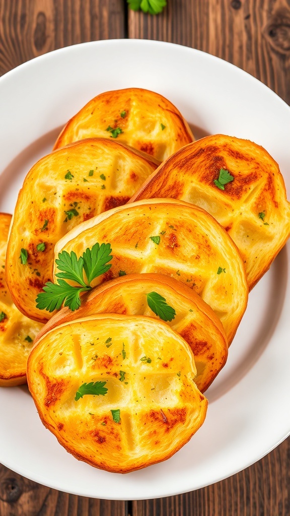 Golden garlic bread slices on a plate, garnished with parsley, ready to serve.